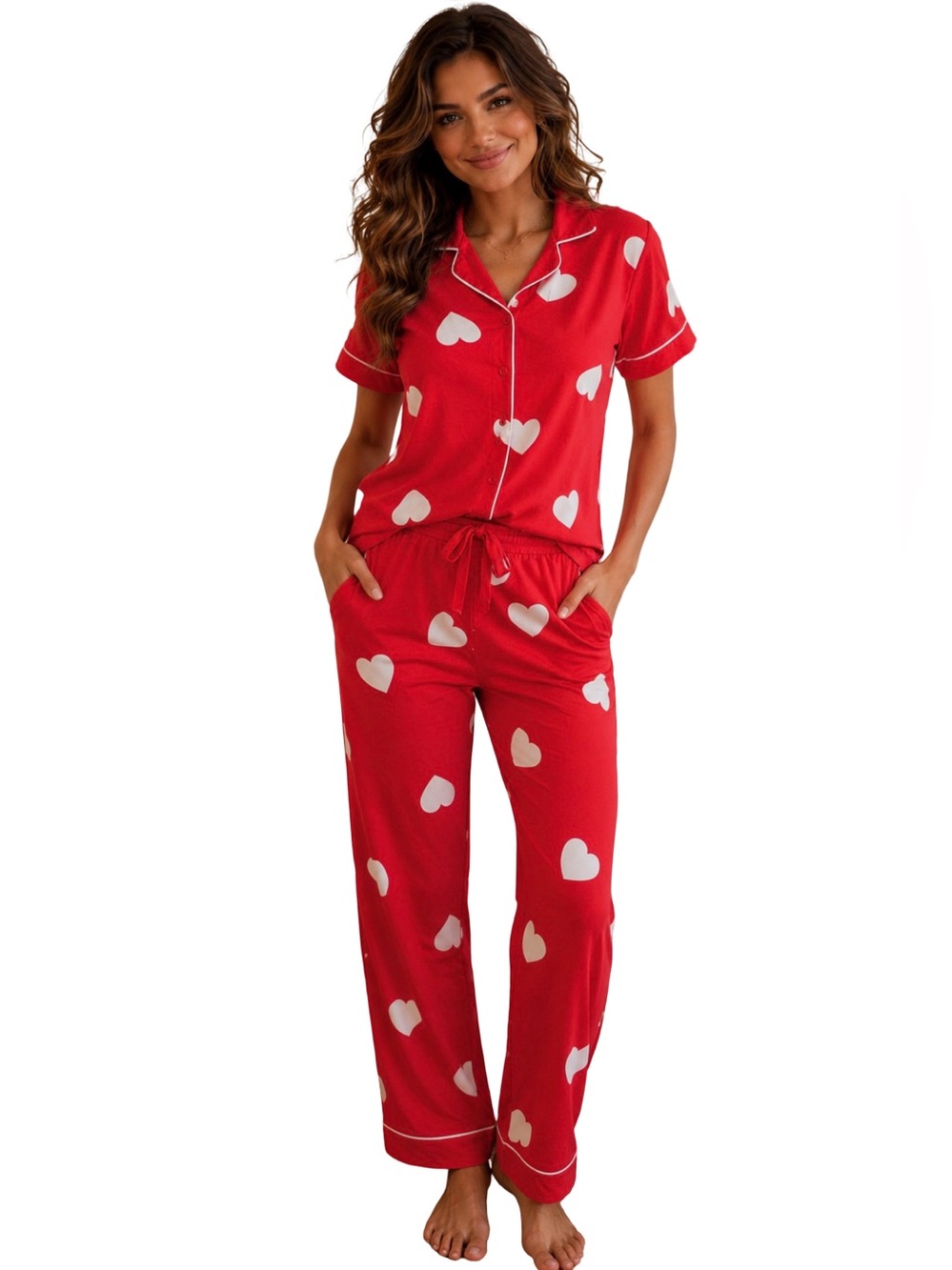 LOFT Heart print Pajama Set Red White Short Sleeve Button Top Pants lounge NWT S